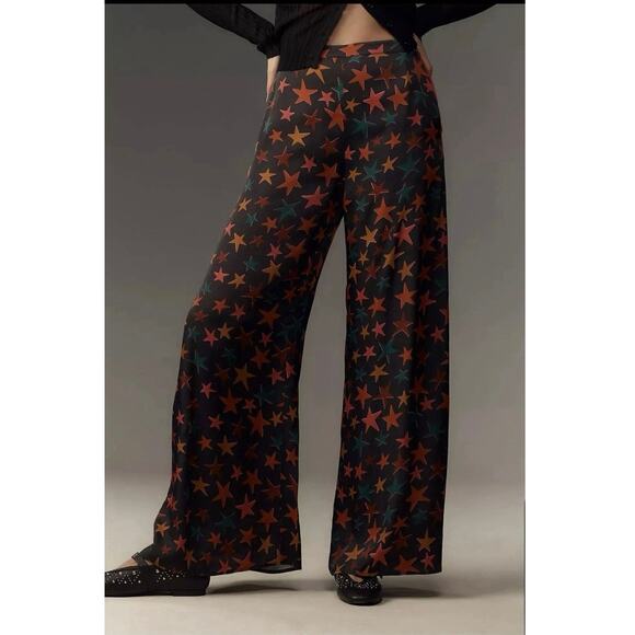 FARM Rio Pants - Farm Rio Anthropologie exclusive STAR print wide leg satin pants M medium